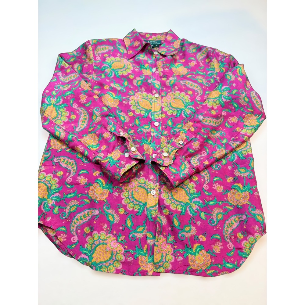 Lauren Ralph Lauren Silk Paisley Button Up Shirt Pink Floral Blouse Womens S‎